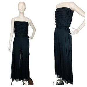 Vintage 90s Black Ruffled Strapless Bodice Chiffon Flowy Wide Leg Jumpsuit